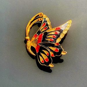 Gold - Black & Red Butterfly Brooch Pin